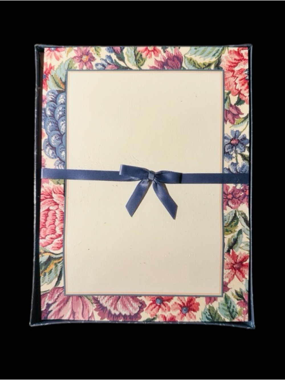 Tapestry Floral Stationery Set with Blue Ribbon and Multicolor Floral Border